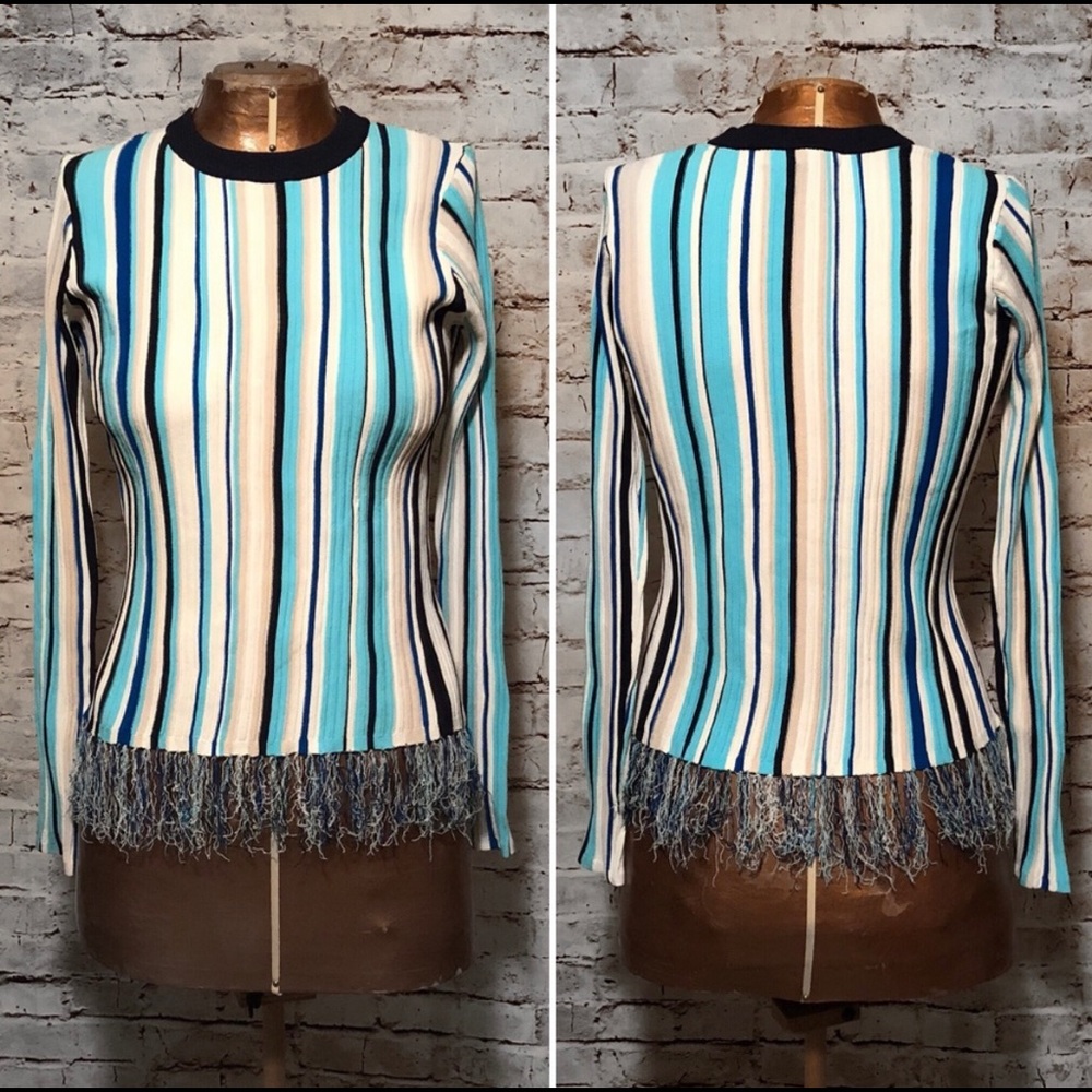 Milly Vertical Stripe Pullover Sweater with fringe $395 like new
